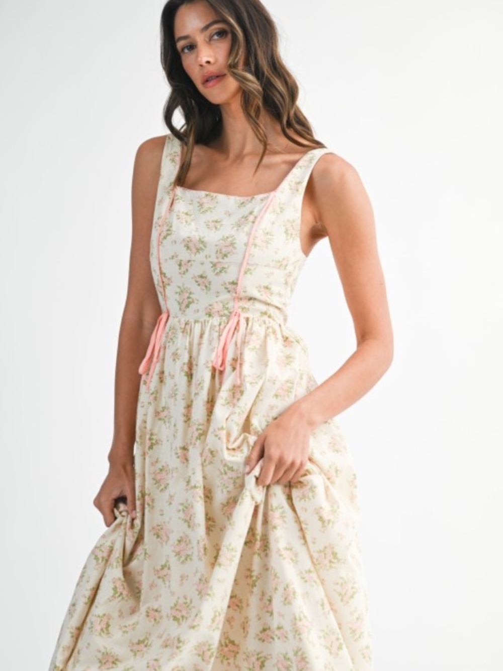 Floral Print Square Neck Contrast Pipinig Dress - Picture 5 of 8